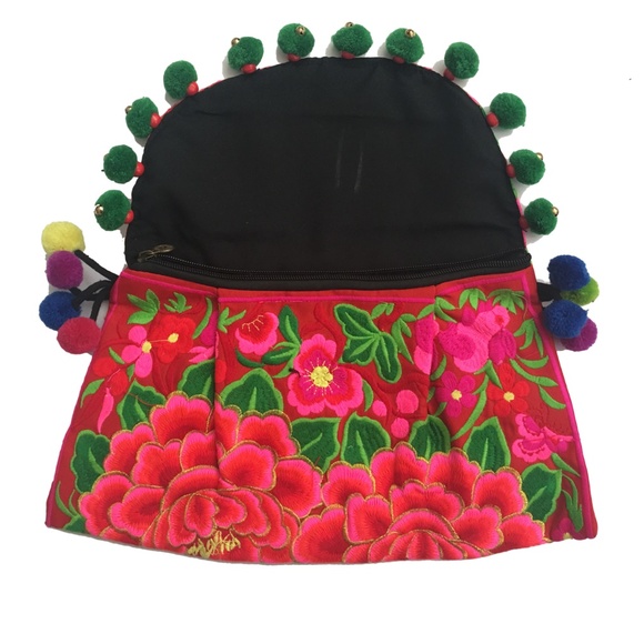 Embroidered Floral Pom Pom Clutches - Picture 3 of 3